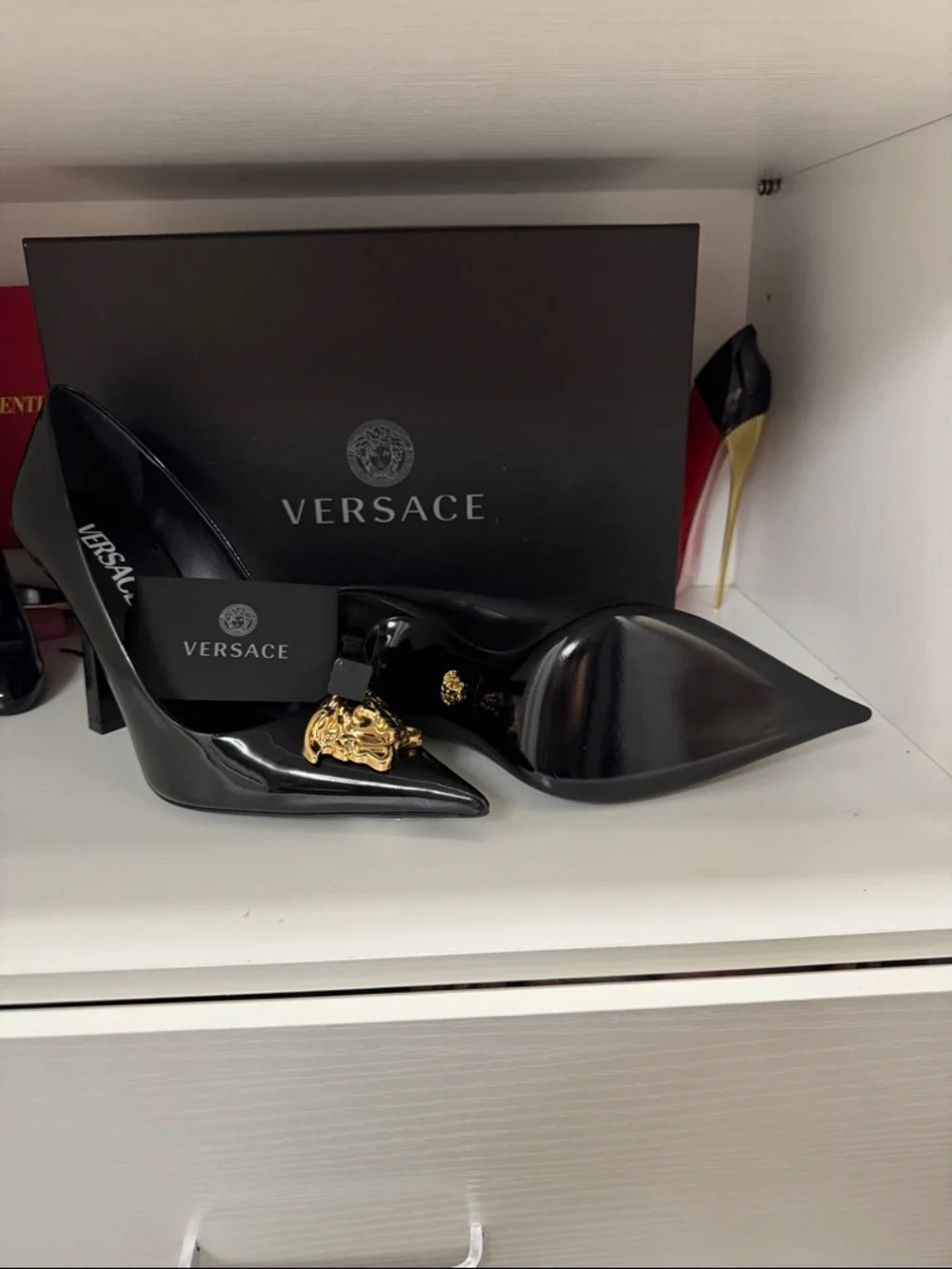 Versace Black Patent Leather Pointed Pumps with Gold Medusa - Picture 2 of 3